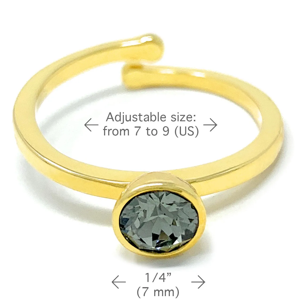 Harley Adjustable Ring with Black Diamond Round Crystals from Swarovski Gold Plated