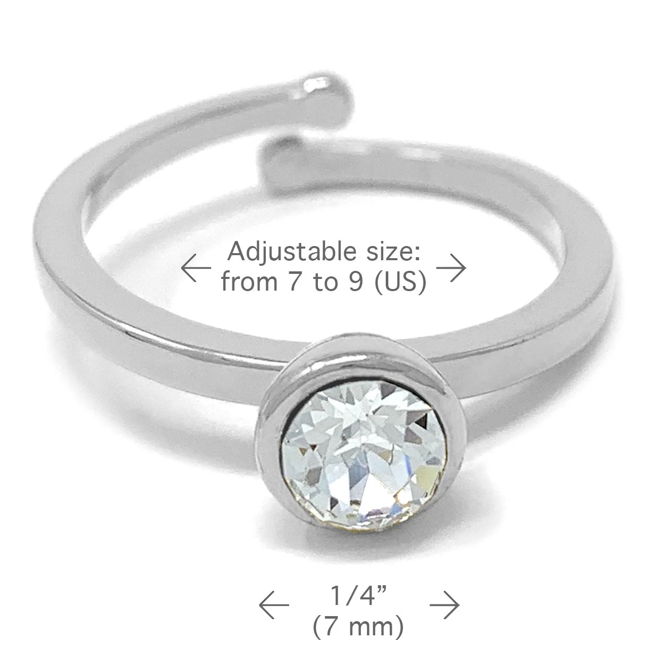 Harley Adjustable Ring with White Clear Round Crystals from Swarovski Silver Toned Rhodium Plated