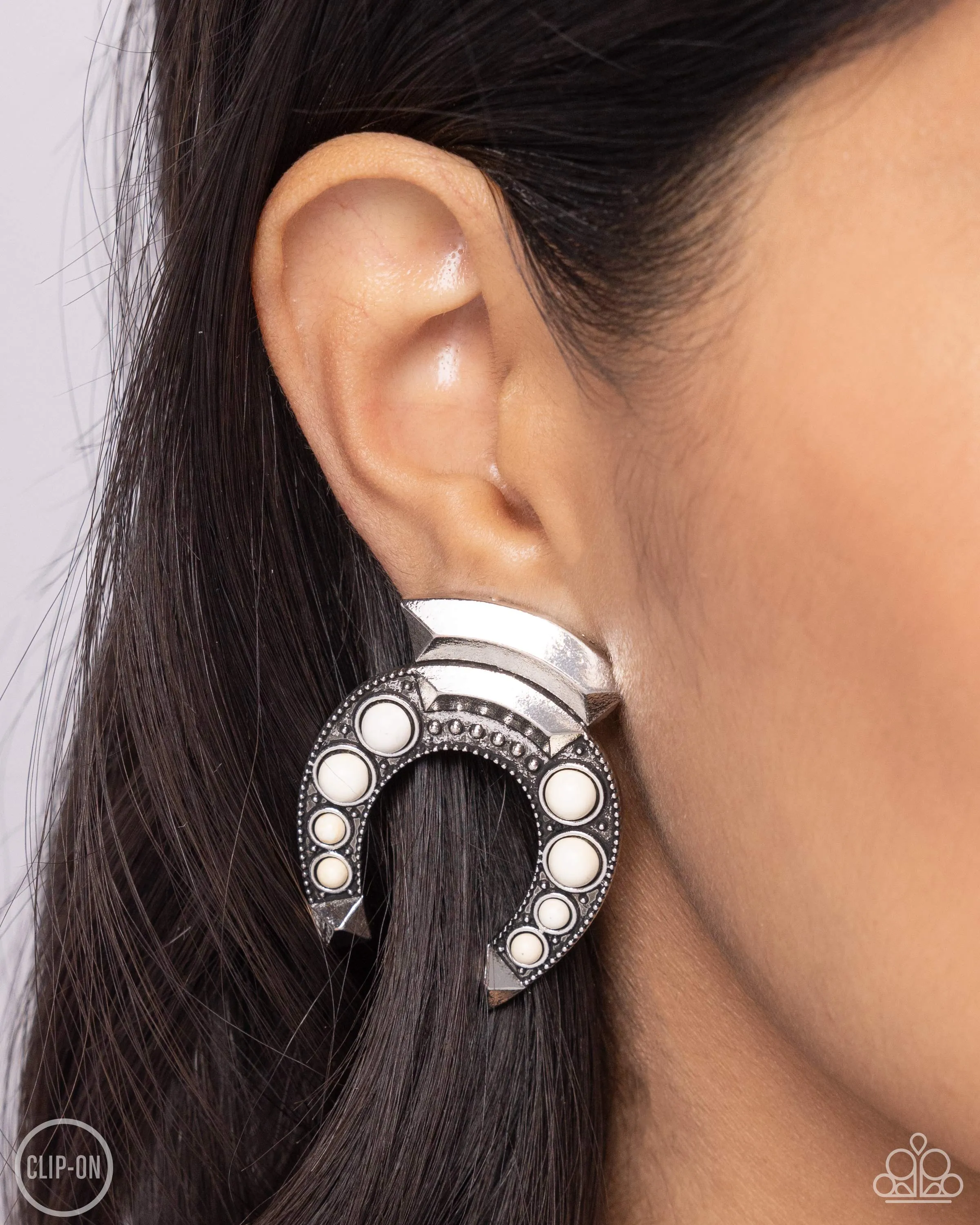 Harmonious Horseshoe - White - Stone Paparazzi Clip-On Earrings