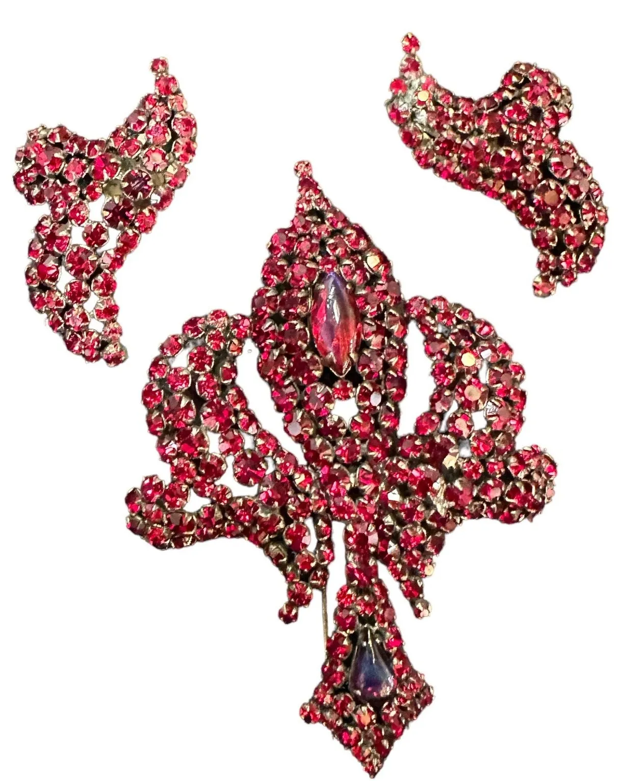 Hattie Carnegie 60s Red Rhinestone Cocktail Earrings and Brooch Demi-Parure