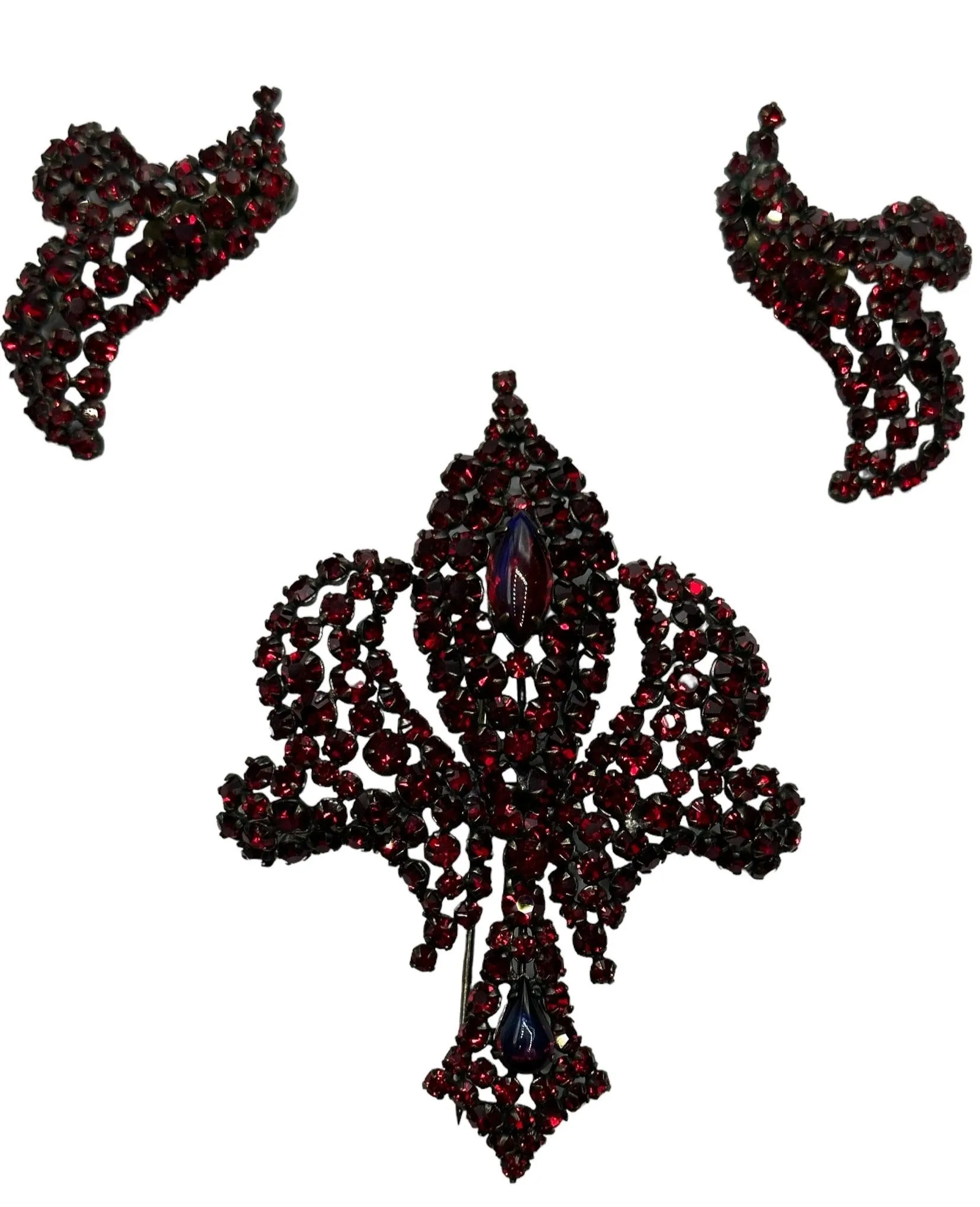 Hattie Carnegie 60s Red Rhinestone Cocktail Earrings and Brooch Demi-Parure