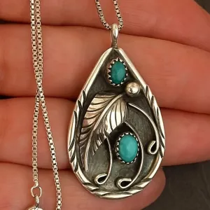 Inlaid Turquoise Feather Pendant Necklace