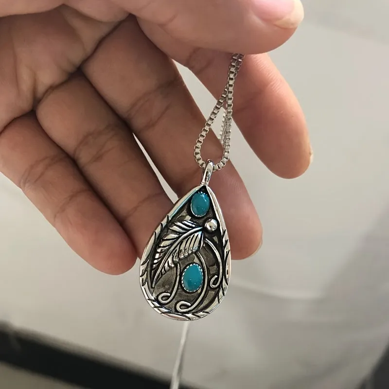Inlaid Turquoise Feather Pendant Necklace