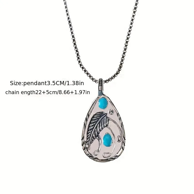 Inlaid Turquoise Feather Pendant Necklace