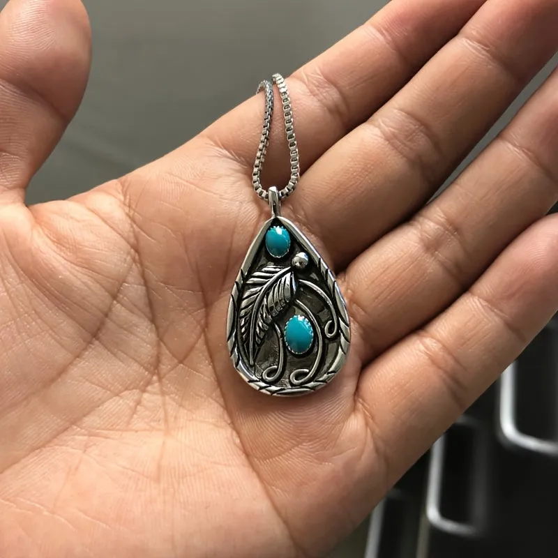 Inlaid Turquoise Feather Pendant Necklace