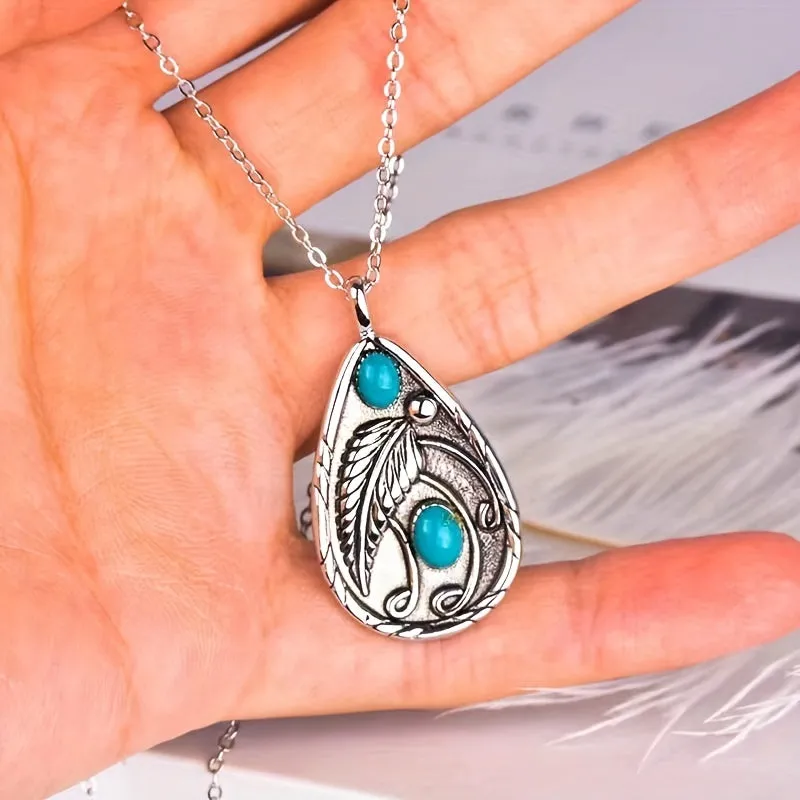 Inlaid Turquoise Feather Pendant Necklace