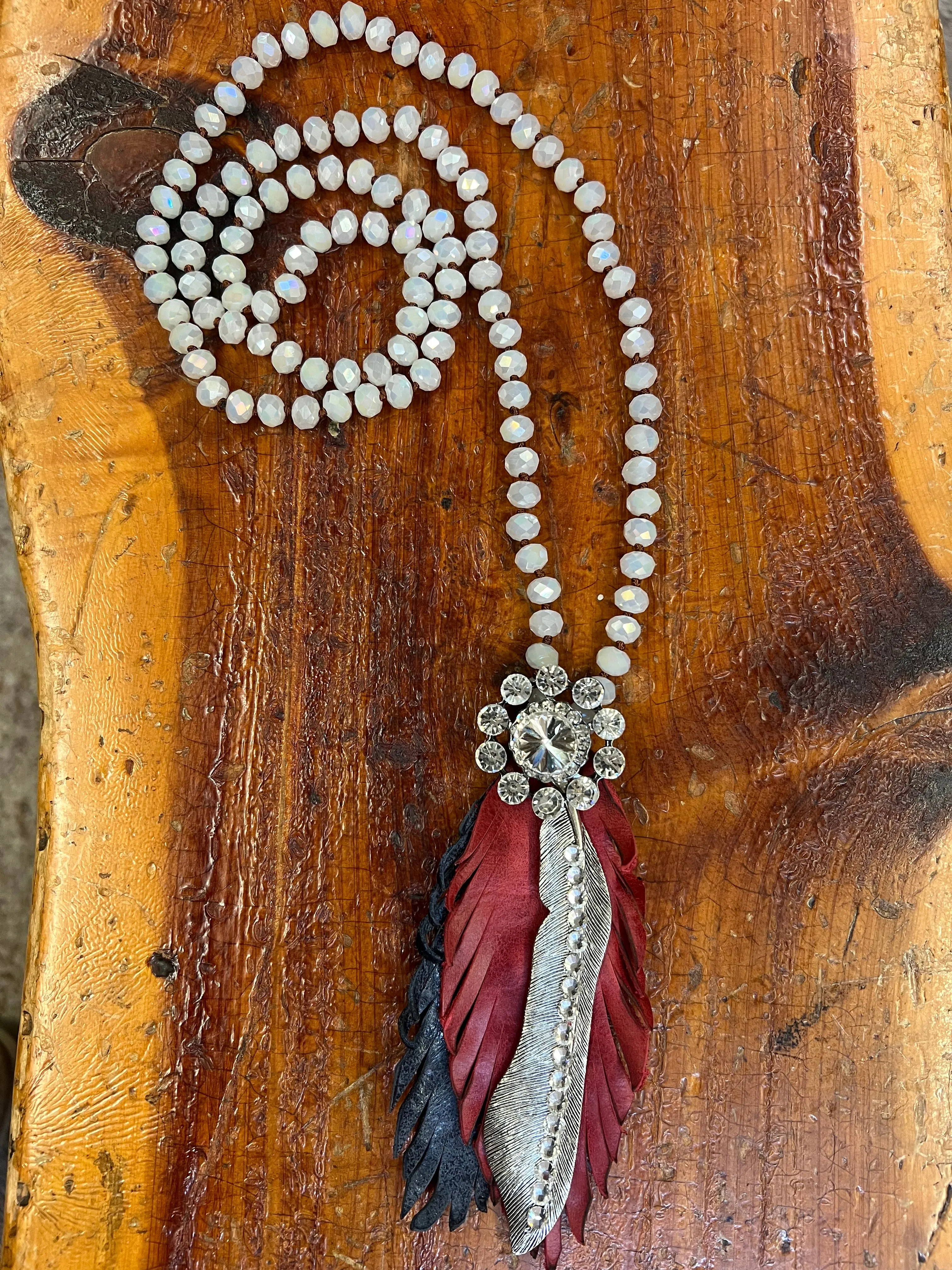 Iridescent White Knotted Beaded Necklace w/ Leather & Crystal Accent