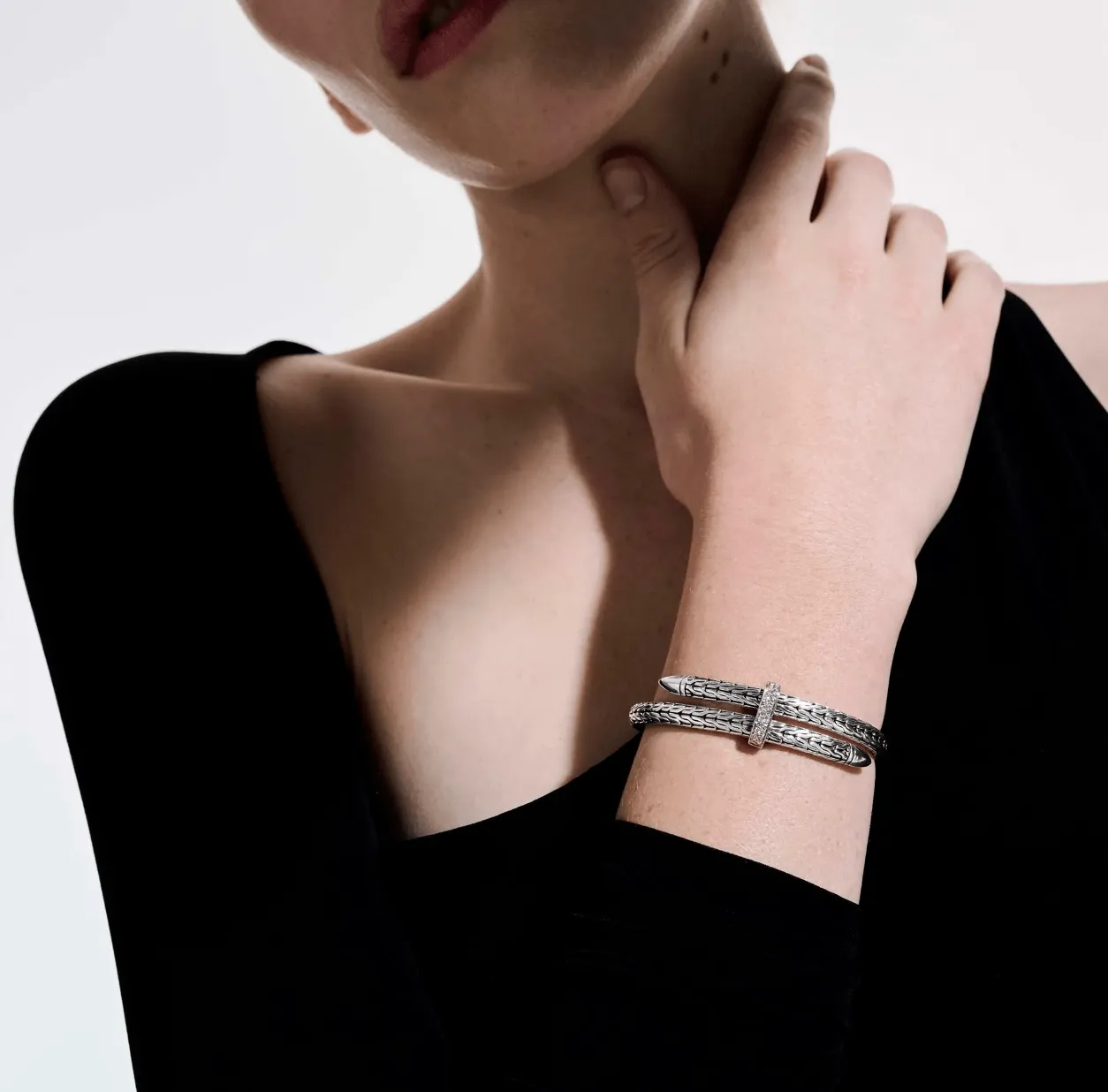 John Hardy Sterling Silver Diamonds Spear Flex Cuff