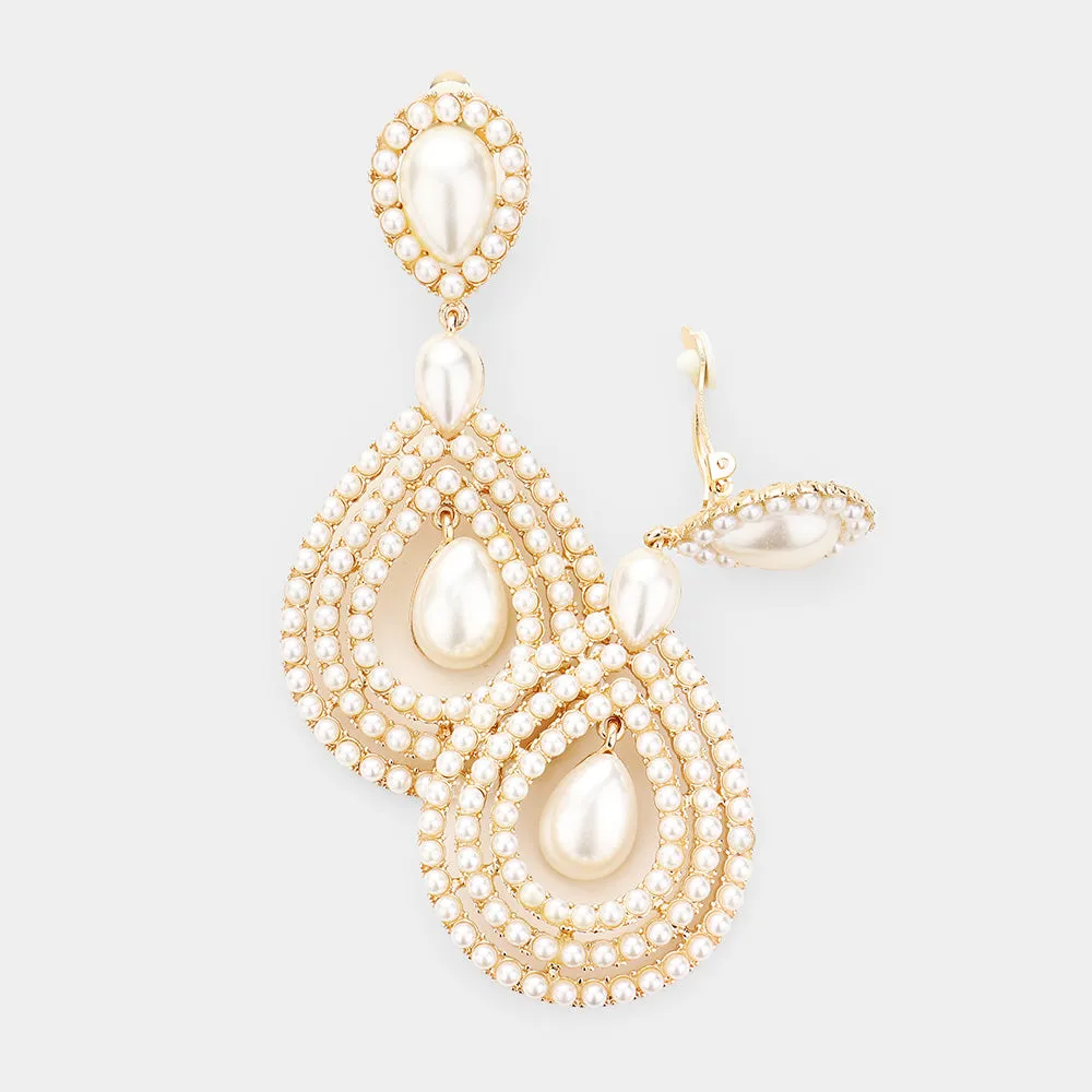 Large Pearl Trimmed Pearl Teardrop Clip On Earrings | 442928