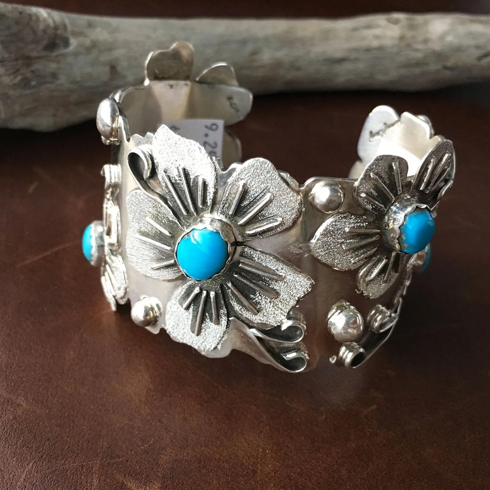 Large Stunning Sterling Silver Sleeping Beauty Turquoise 5 Flower Bracelet Cuff