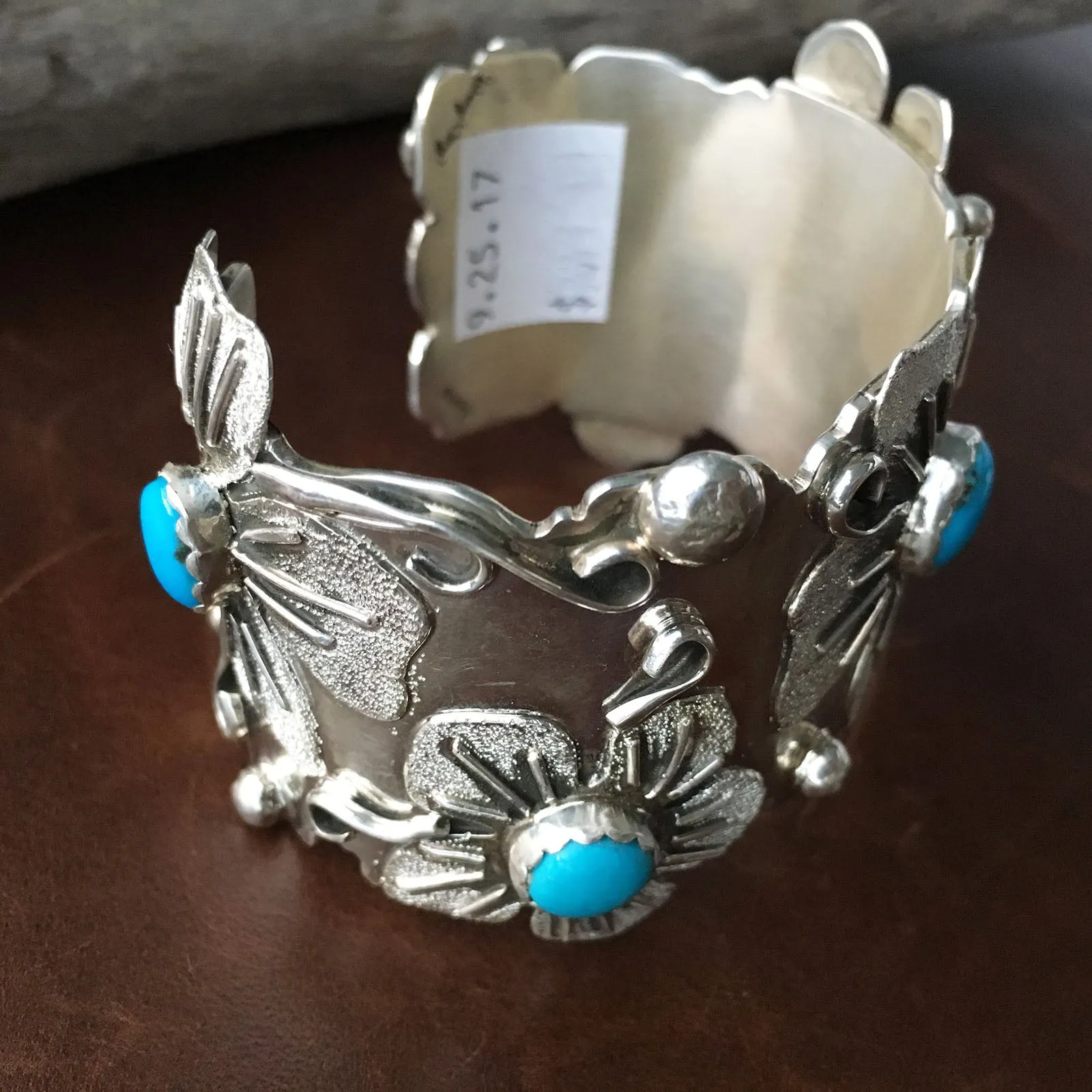 Large Stunning Sterling Silver Sleeping Beauty Turquoise 5 Flower Bracelet Cuff