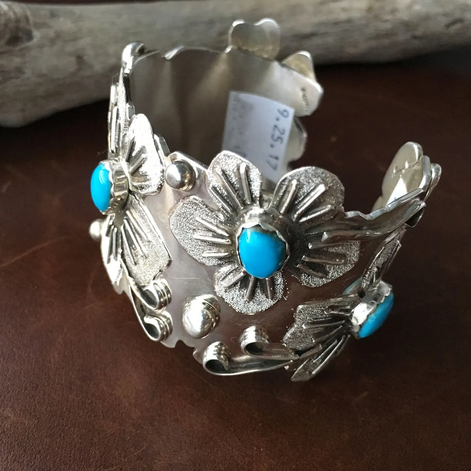 Large Stunning Sterling Silver Sleeping Beauty Turquoise 5 Flower Bracelet Cuff