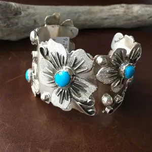 Large Stunning Sterling Silver Sleeping Beauty Turquoise 5 Flower Bracelet Cuff