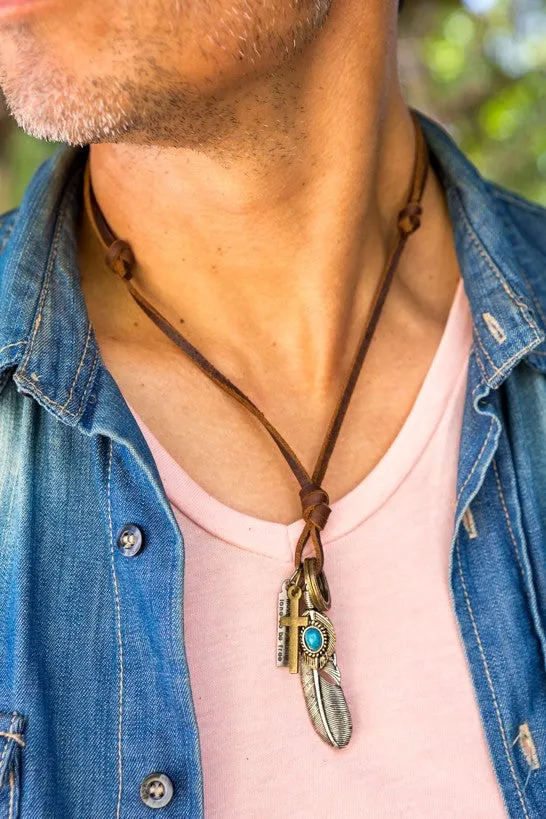 Leather Necklace with Feather Turquoise Stone Charm