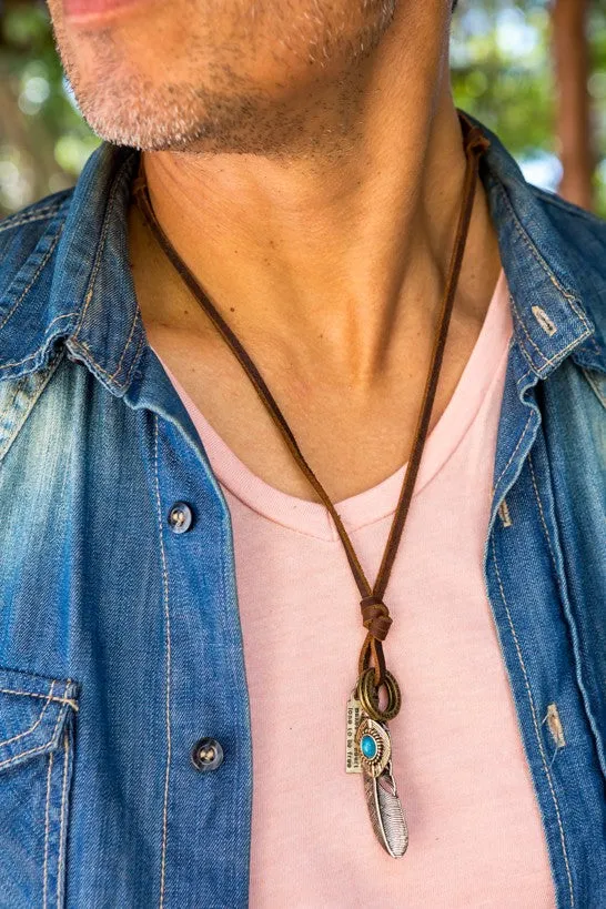 Leather Necklace with Feather Turquoise Stone Charm