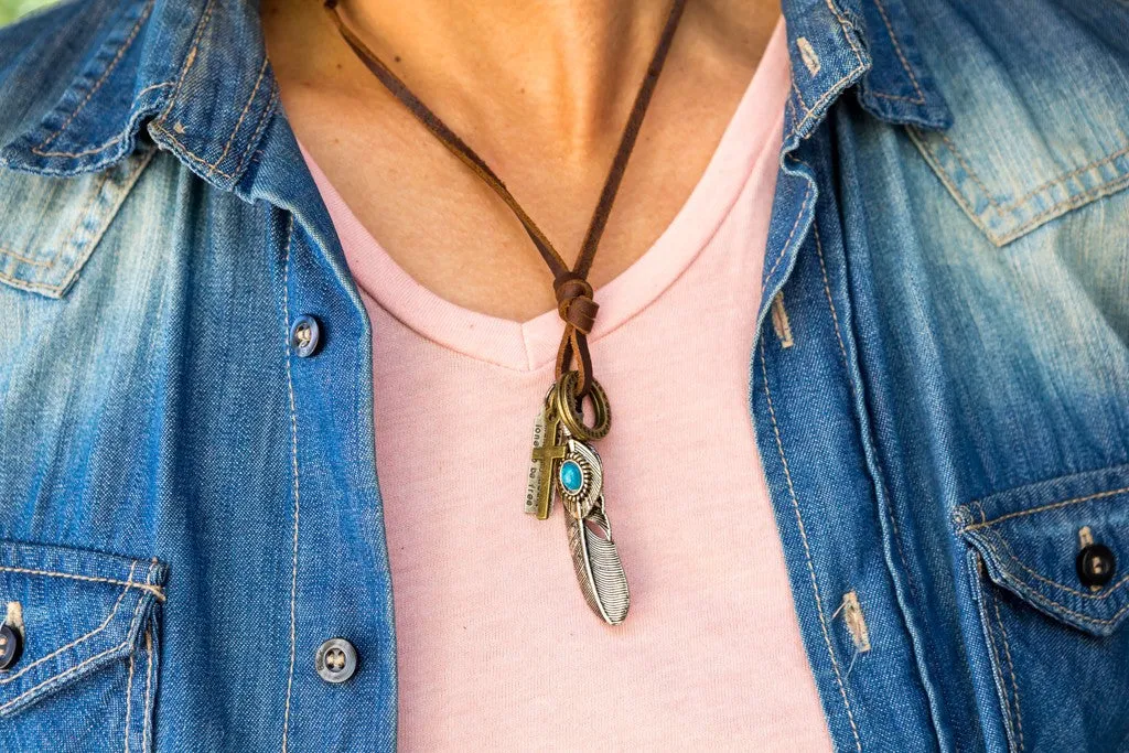 Leather Necklace with Feather Turquoise Stone Charm