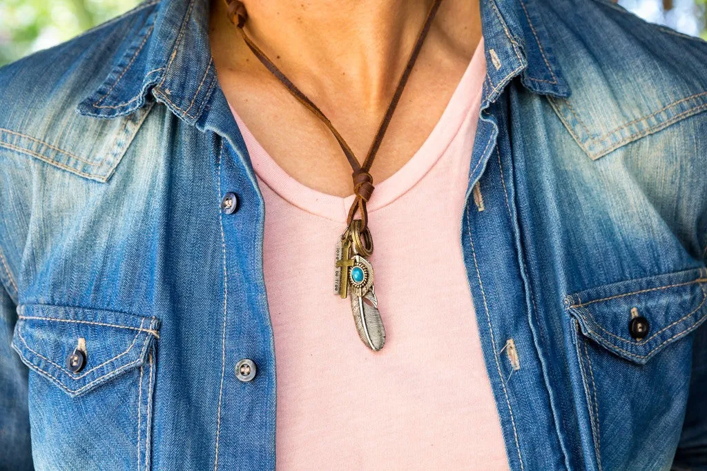 Leather Necklace with Feather Turquoise Stone Charm