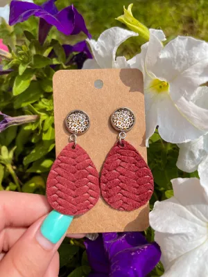 Leopard Stud   Braided Teardrop Earrings ||Maroon