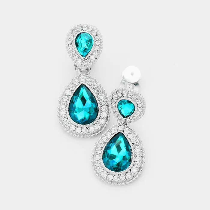 Little Girls Double Aqua Crystal Teardrop Clip On Earrings | 422873