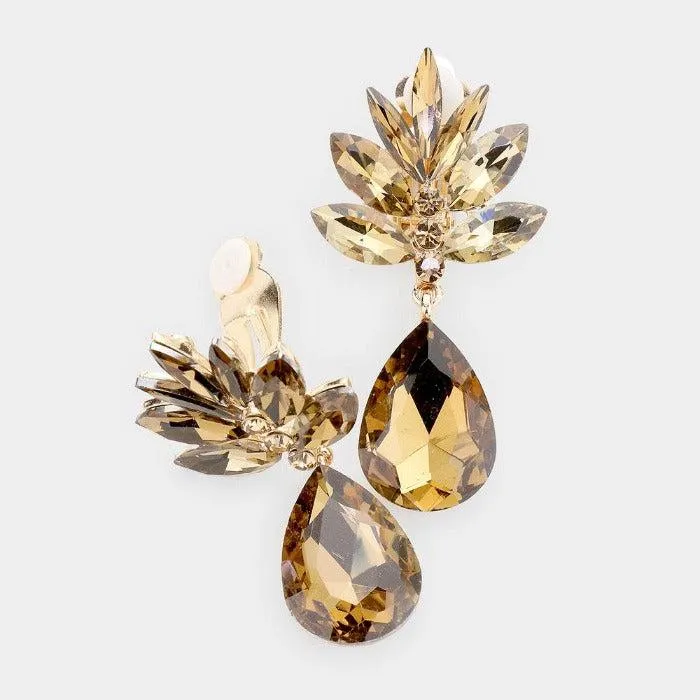 Marquise Brown Crystal Teardrop Clip On Earrings