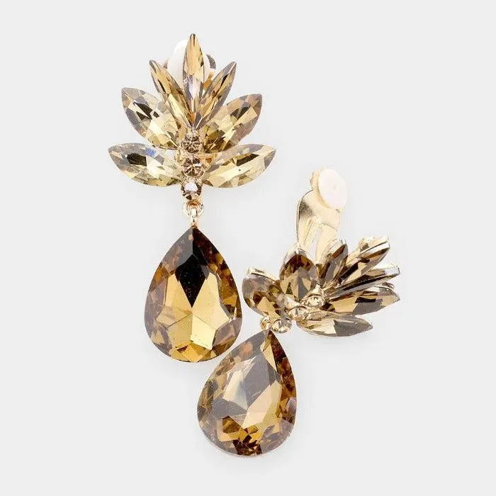Marquise Brown Crystal Teardrop Clip On Earrings