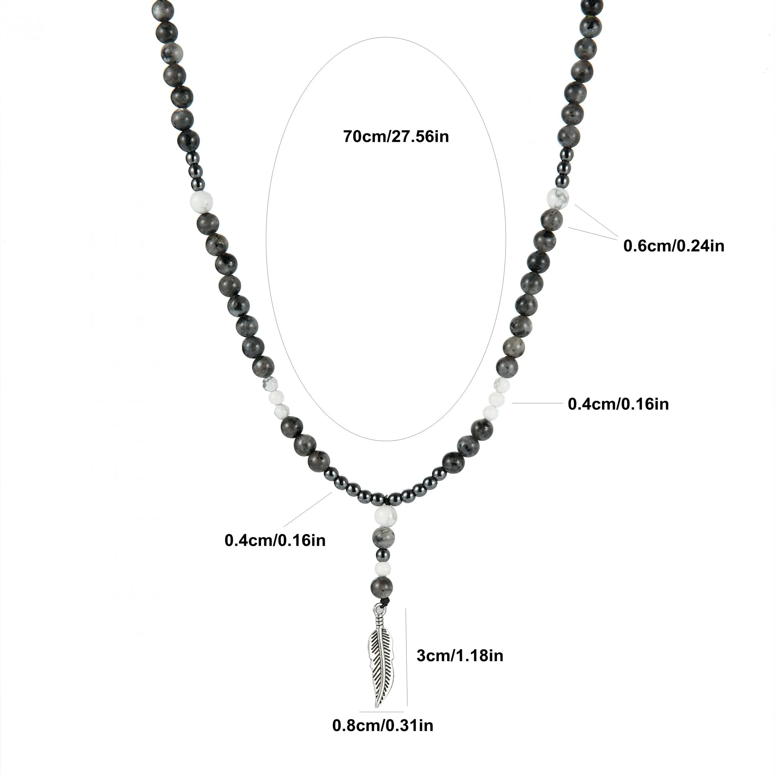 Men's Grey Round Beads Necklace with Feather Pendant, Sweater Chain Gift