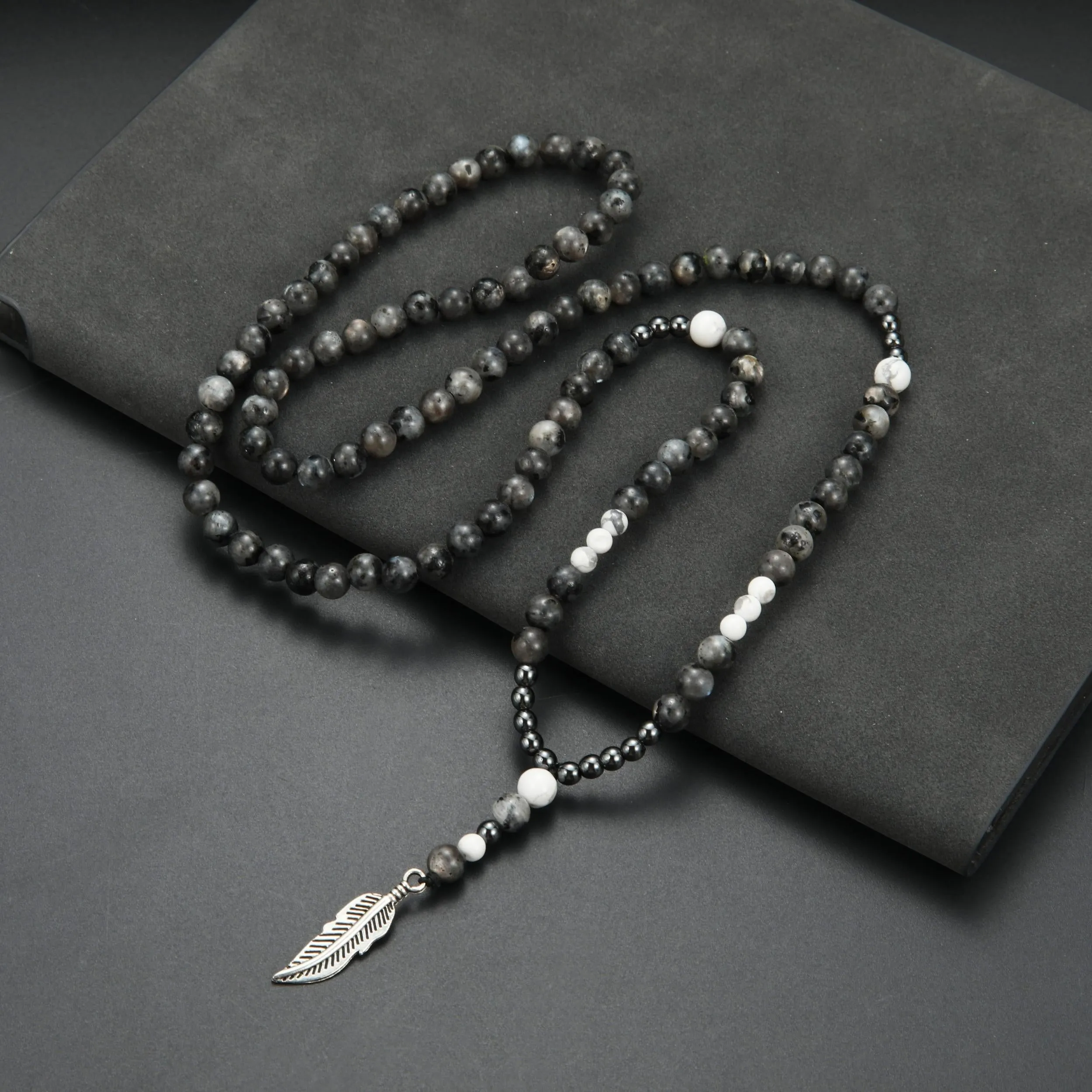 Men's Grey Round Beads Necklace with Feather Pendant, Sweater Chain Gift