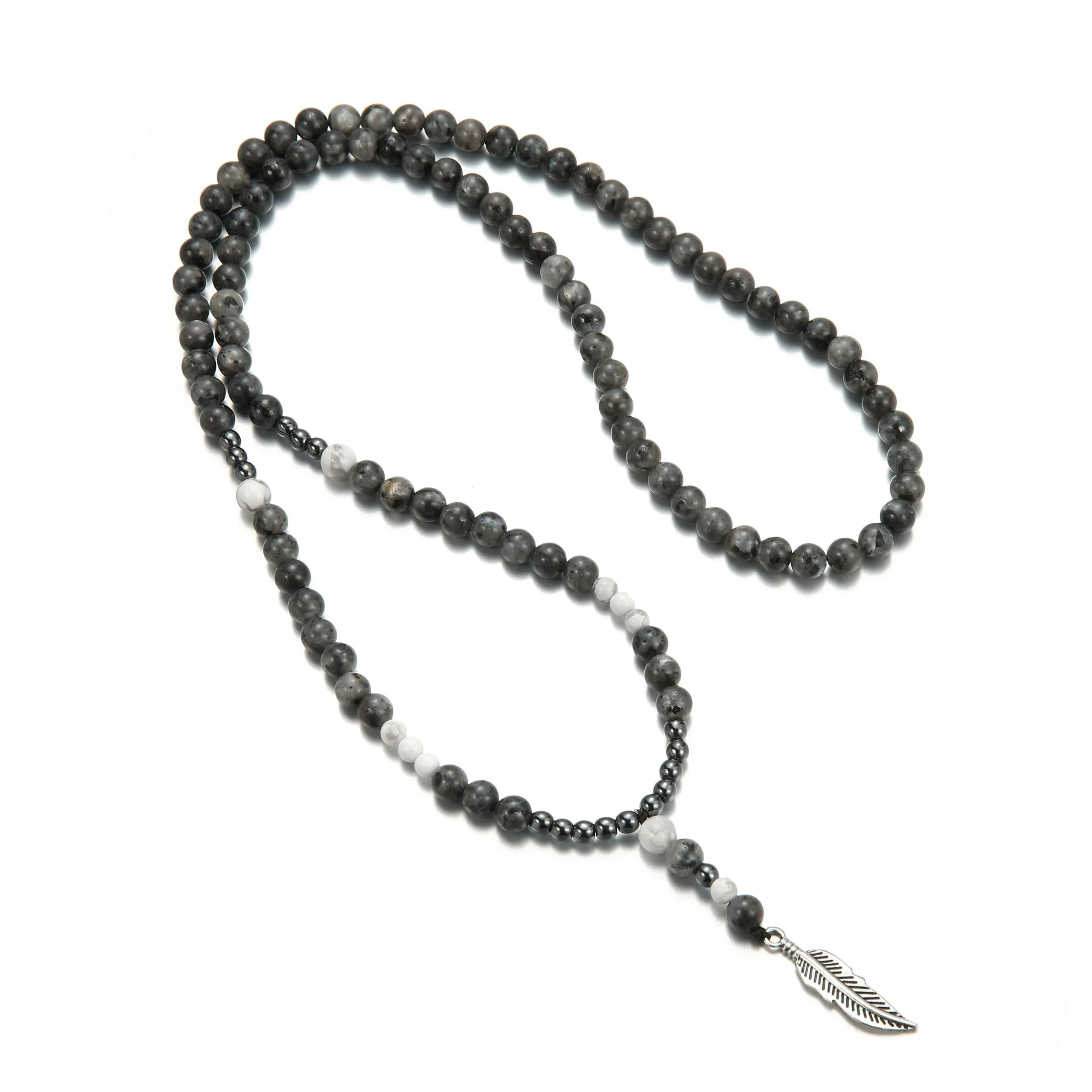 Men's Grey Round Beads Necklace with Feather Pendant, Sweater Chain Gift