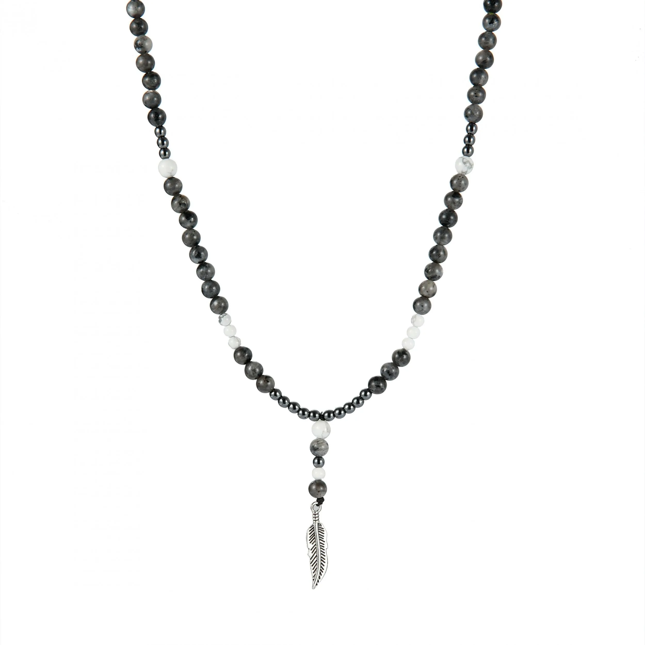 Men's Grey Round Beads Necklace with Feather Pendant, Sweater Chain Gift