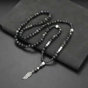 Men's Grey Round Beads Necklace with Feather Pendant, Sweater Chain Gift