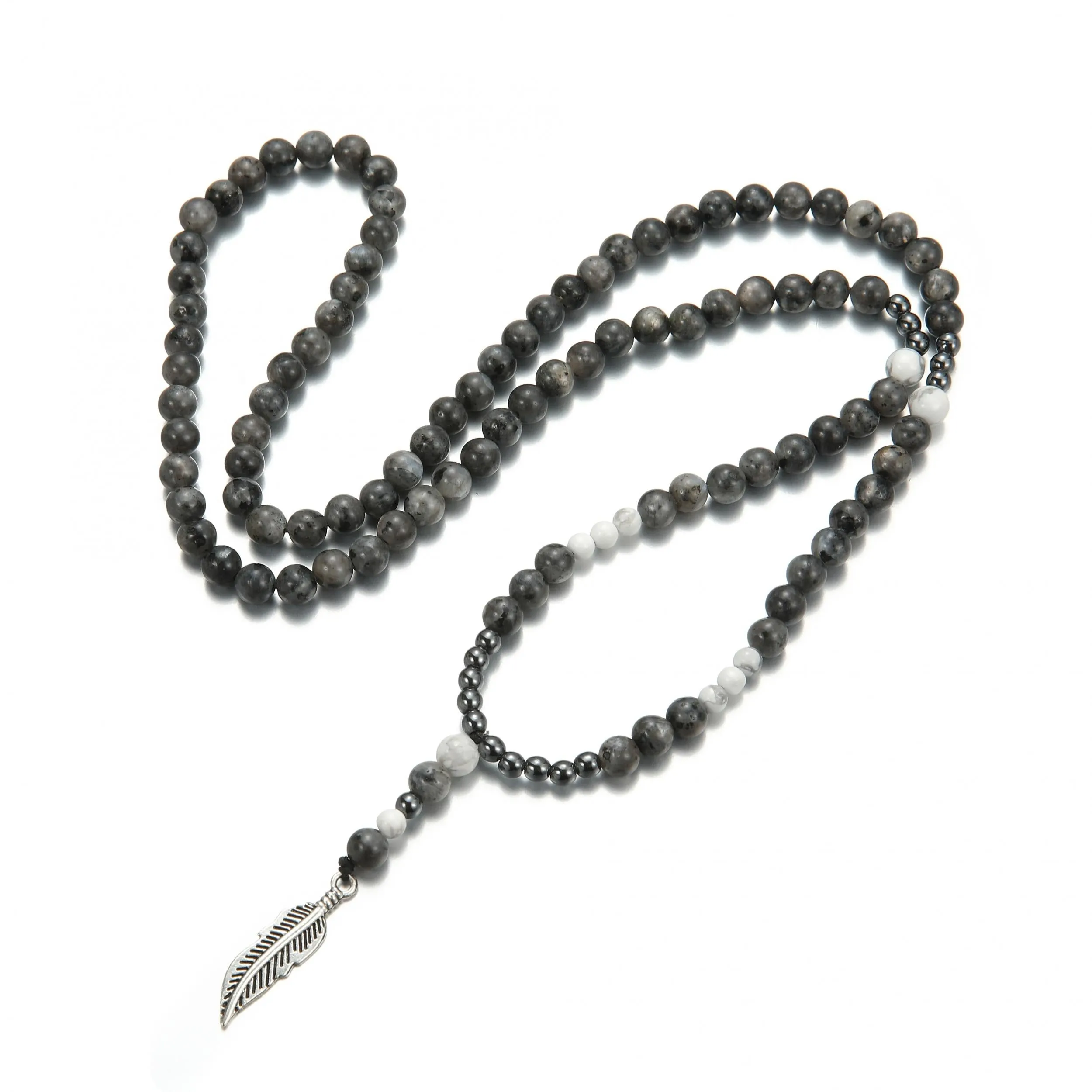 Men's Grey Round Beads Necklace with Feather Pendant, Sweater Chain Gift
