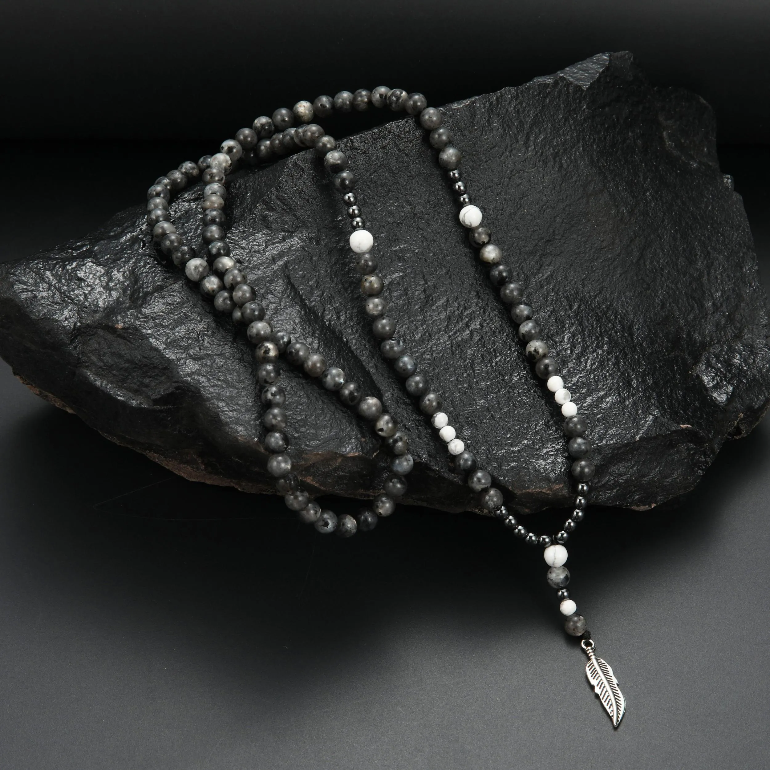 Men's Grey Round Beads Necklace with Feather Pendant, Sweater Chain Gift
