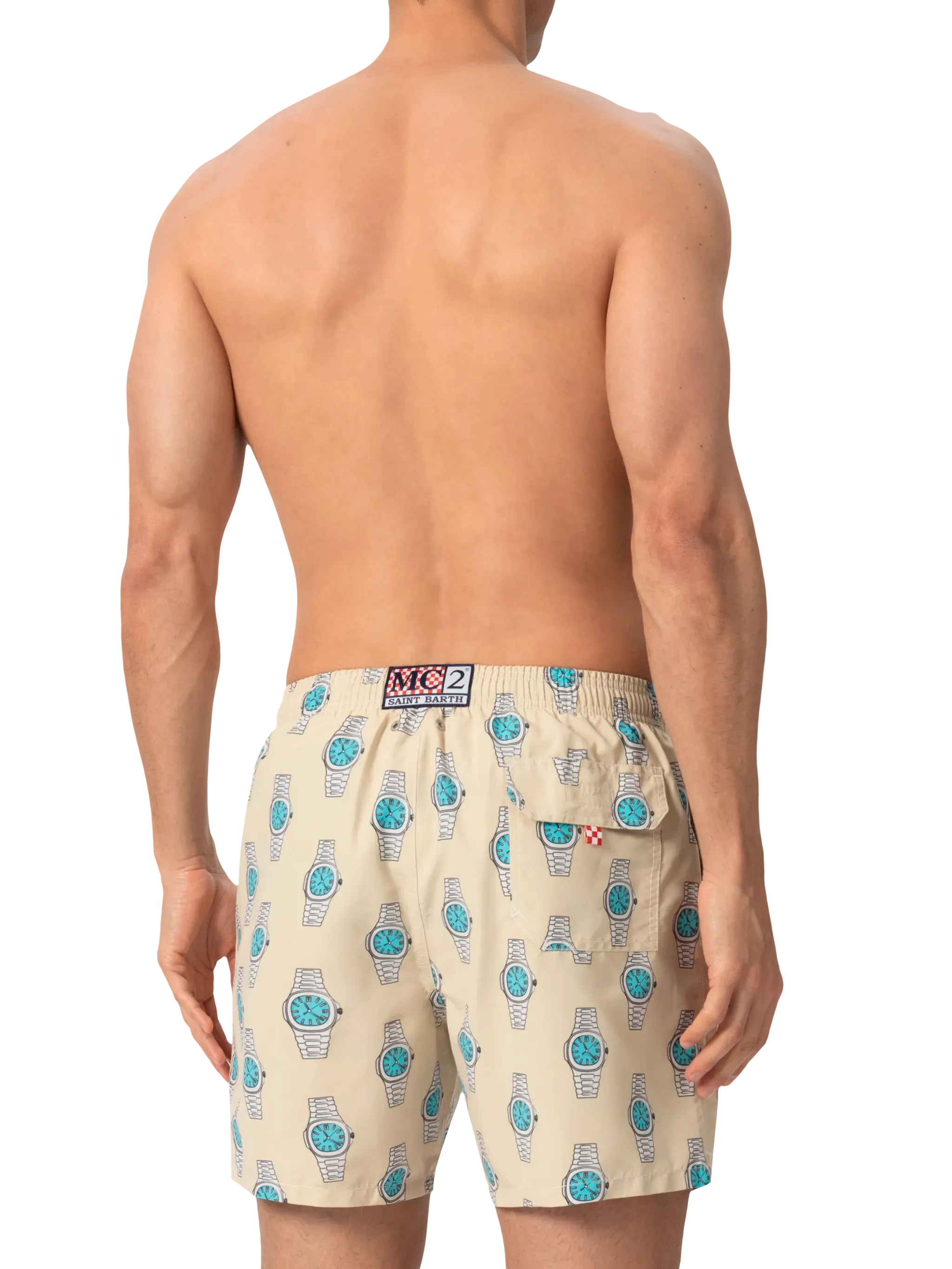 Mid-length Gustavia swim-shorts with watches print