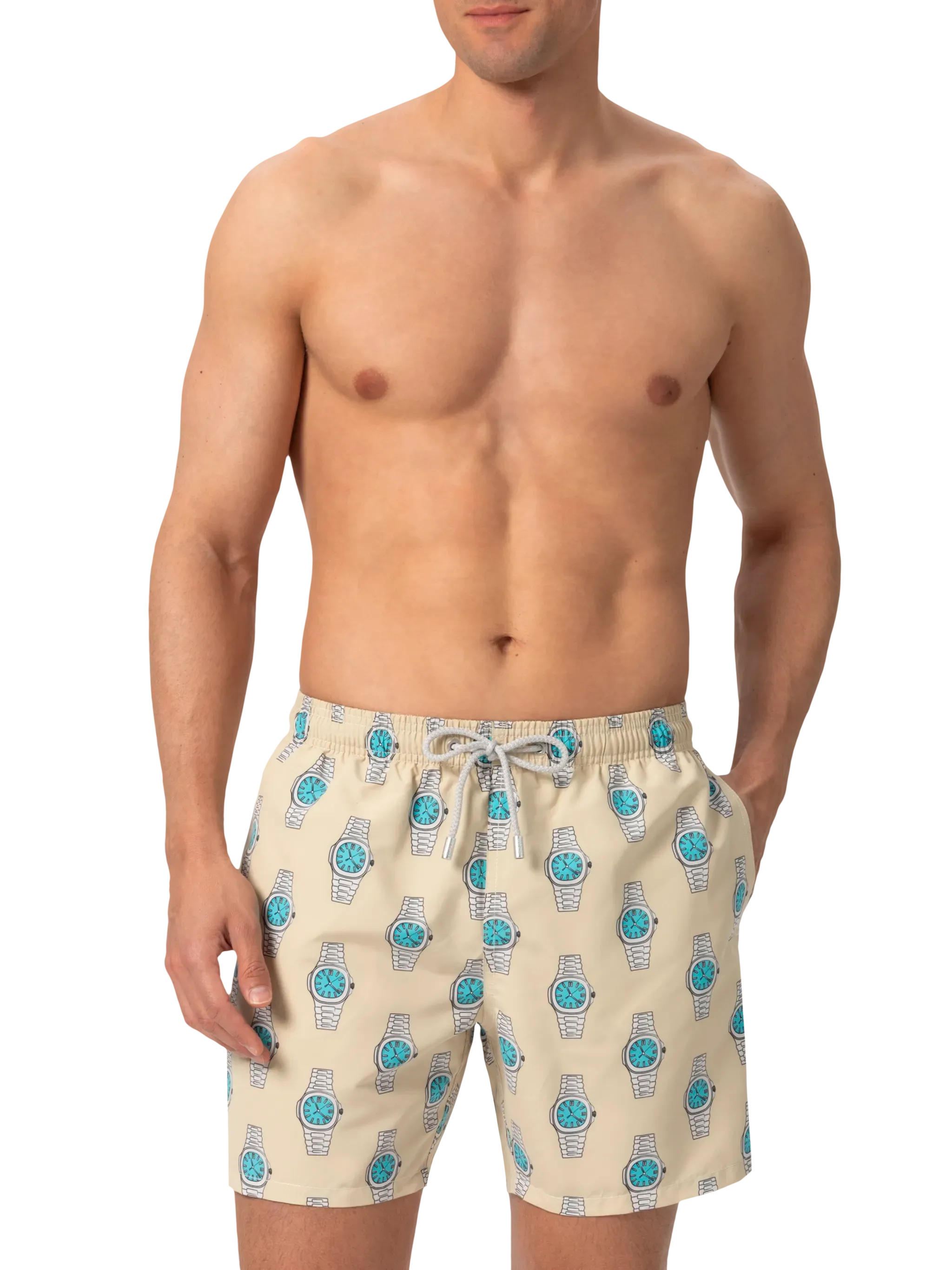 Mid-length Gustavia swim-shorts with watches print