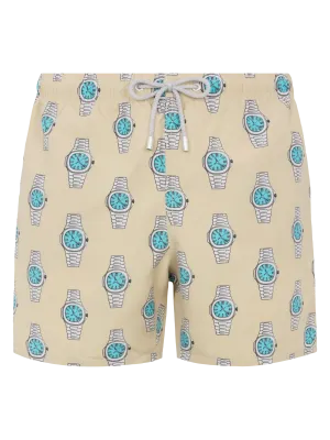 Mid-length Gustavia swim-shorts with watches print