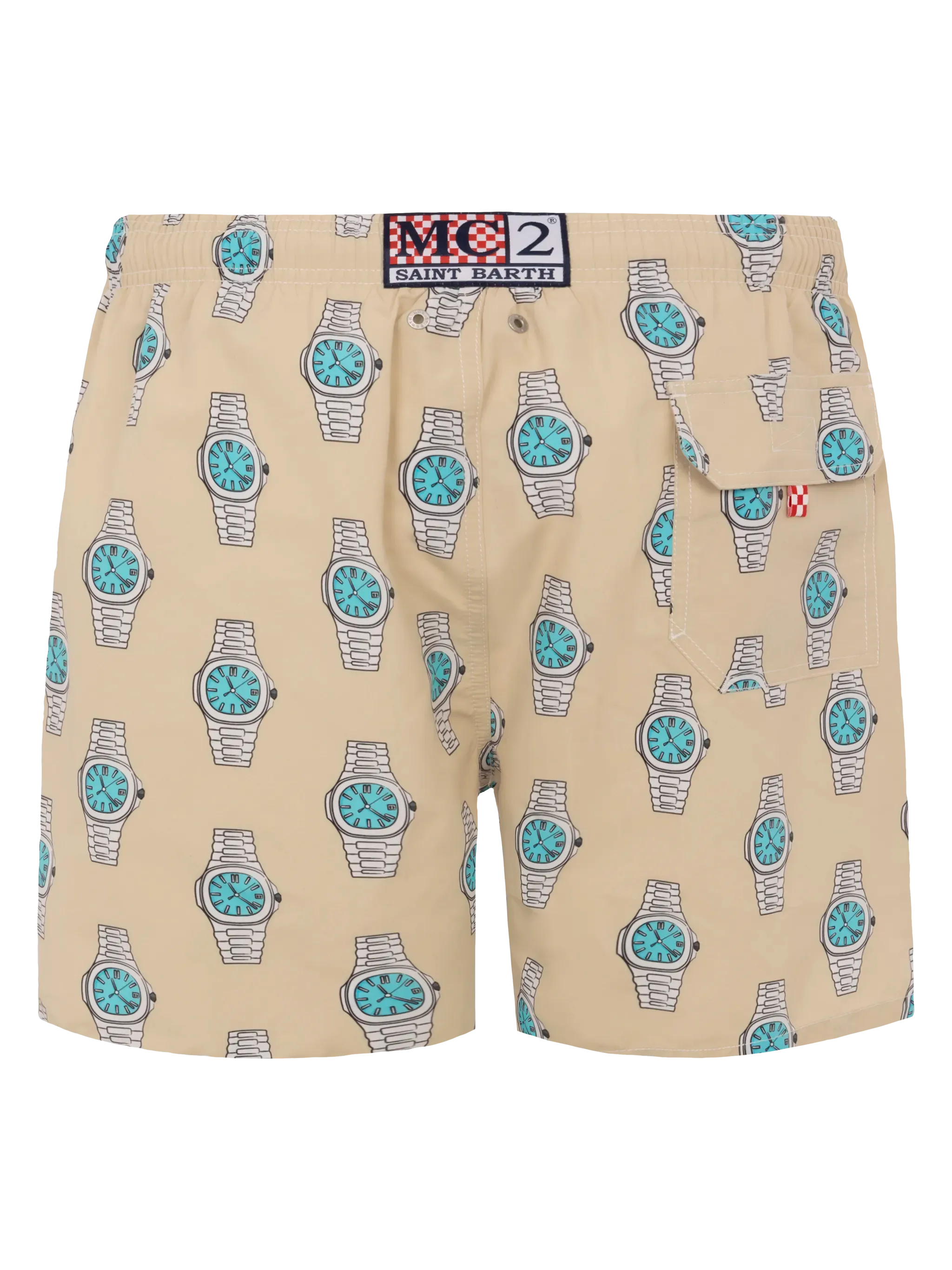 Mid-length Gustavia swim-shorts with watches print