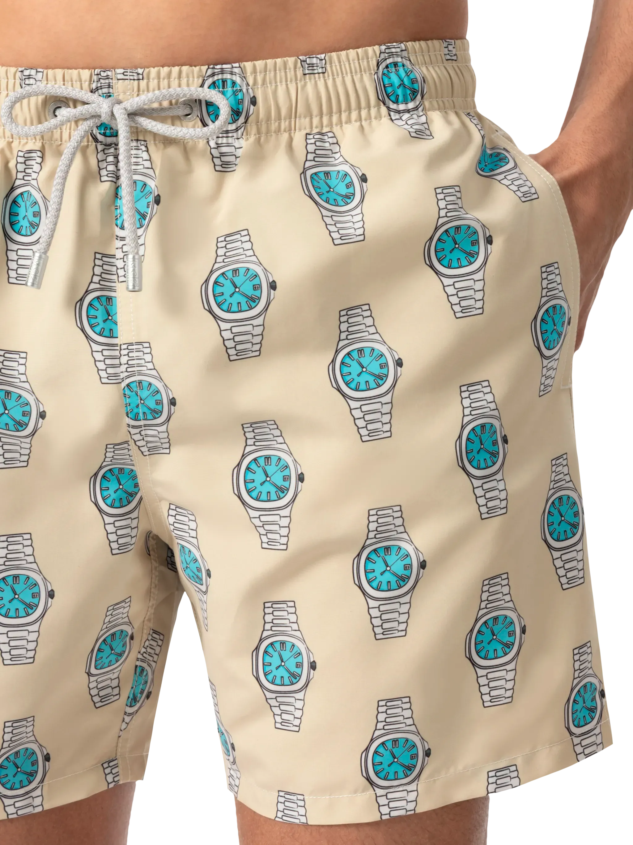 Mid-length Gustavia swim-shorts with watches print