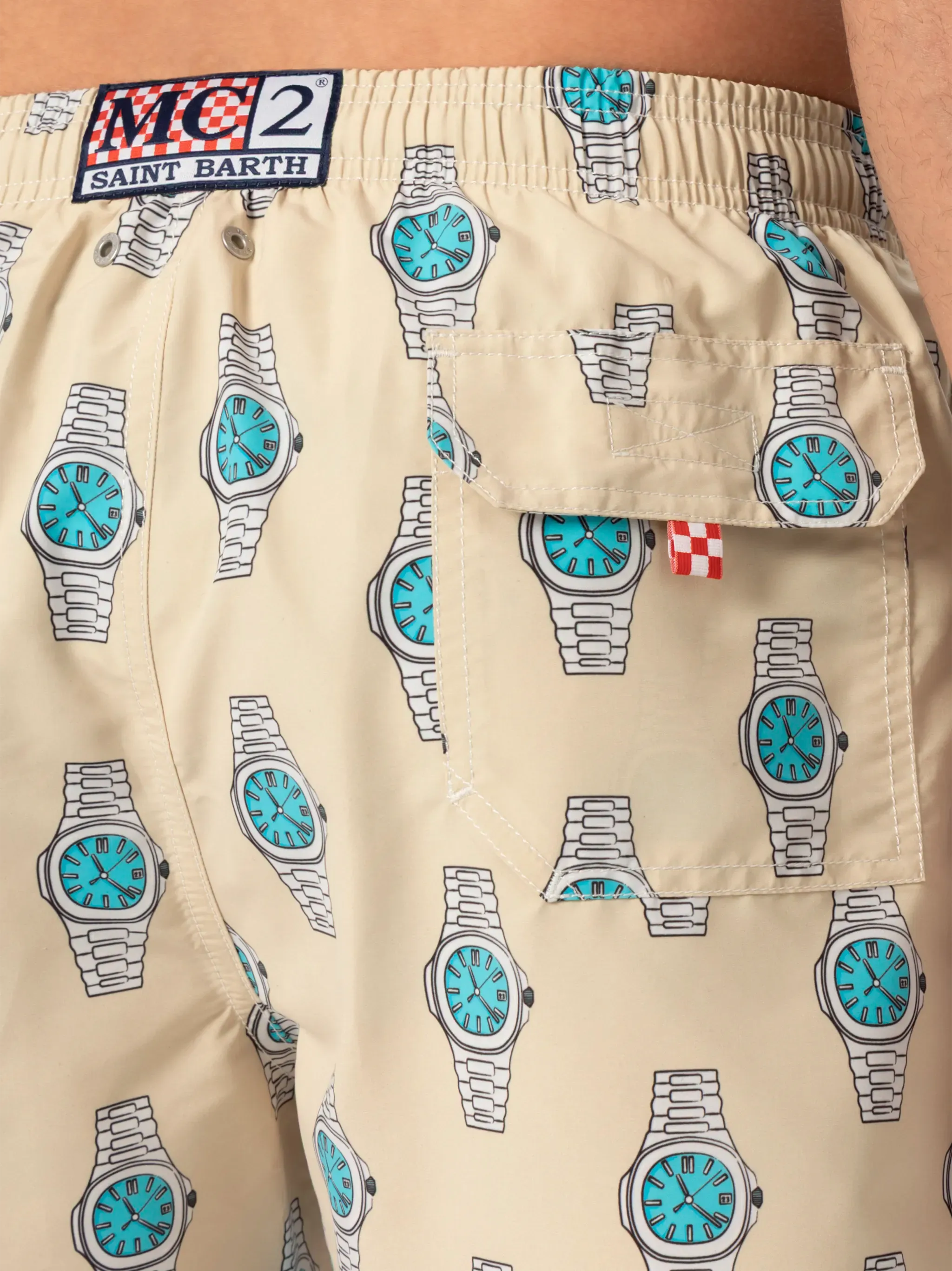 Mid-length Gustavia swim-shorts with watches print
