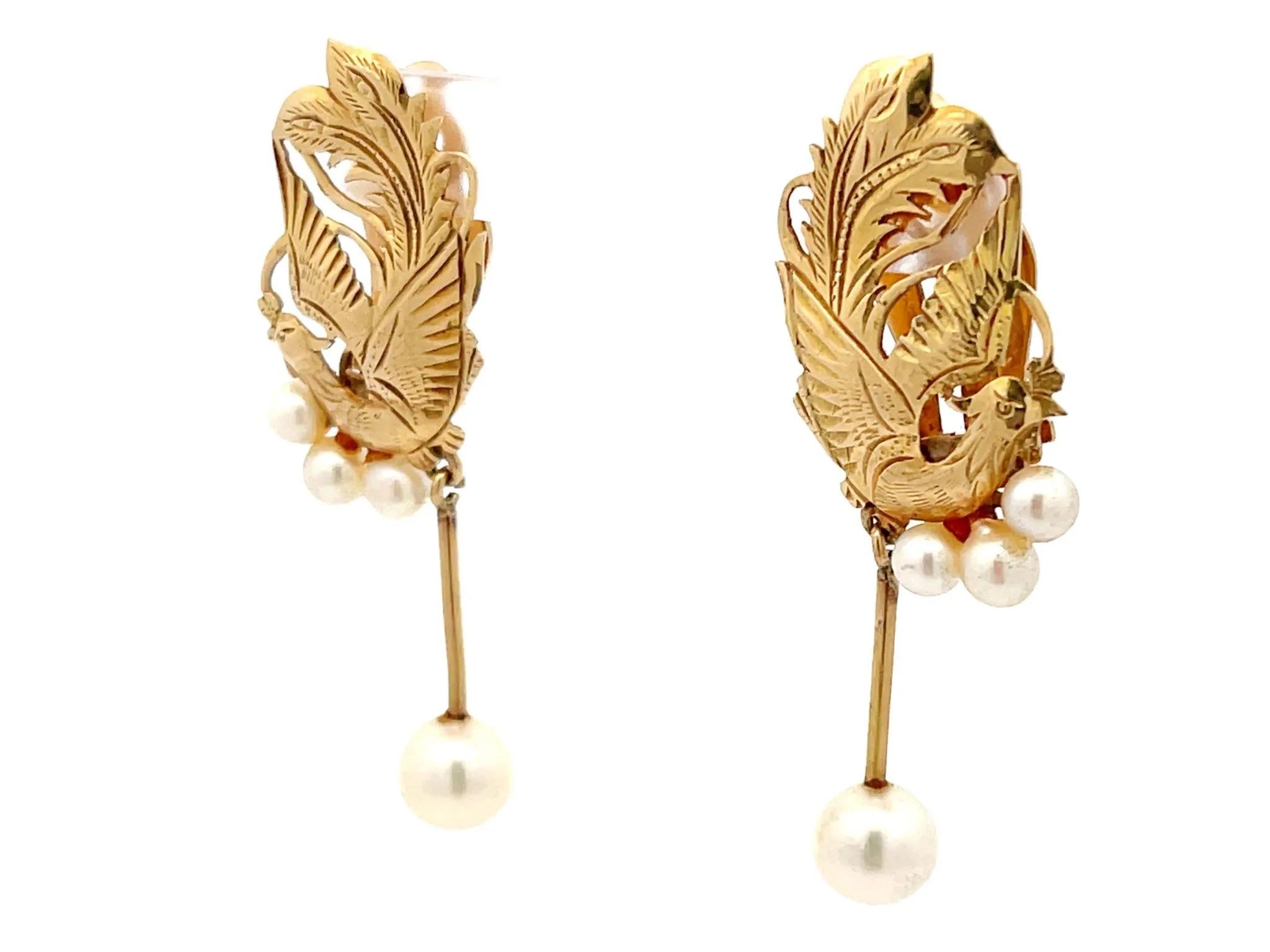 Mings Gold Carved Phoenix Clip On Earrings with Dangly Pearl in 14k