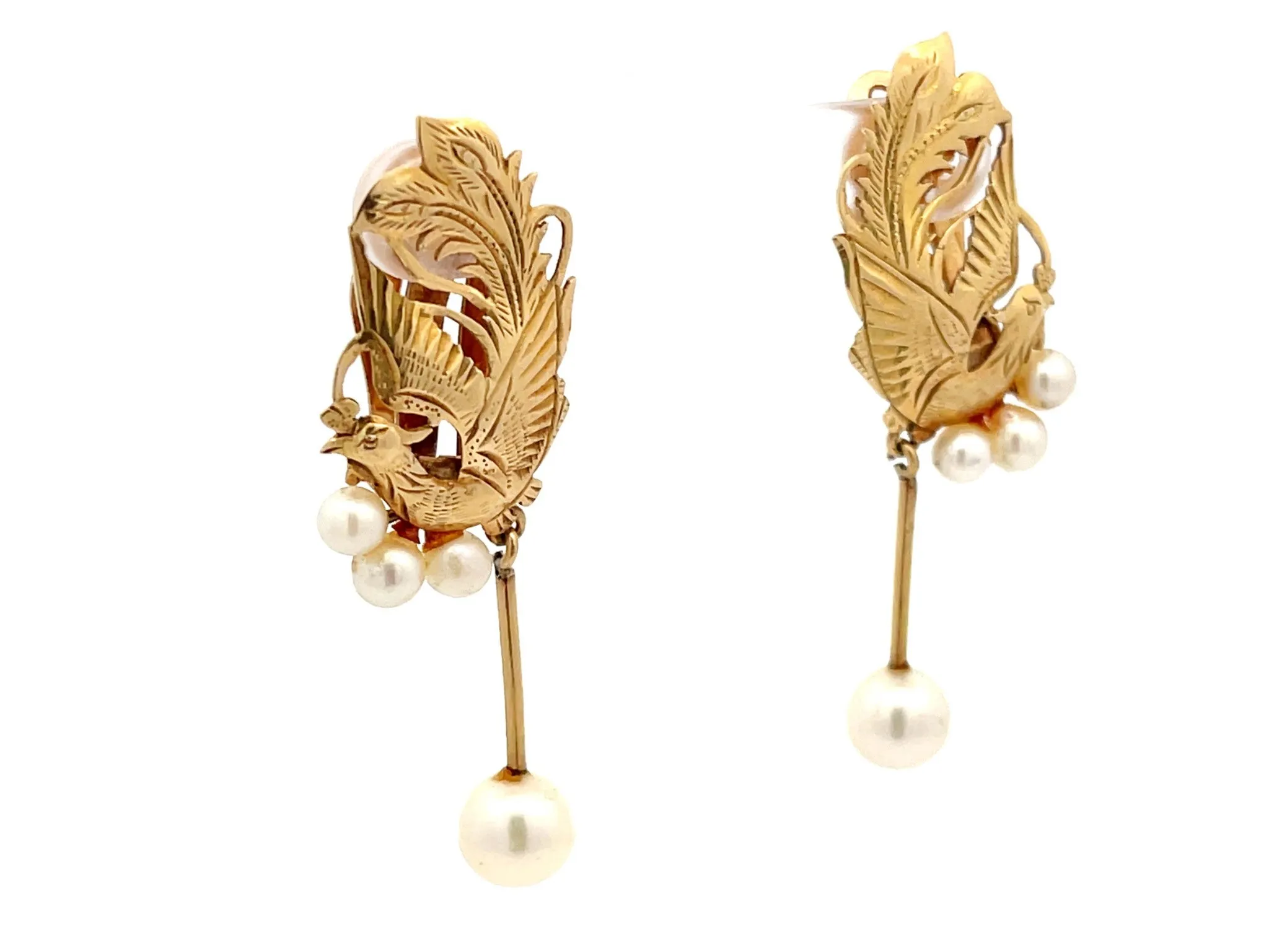 Mings Gold Carved Phoenix Clip On Earrings with Dangly Pearl in 14k