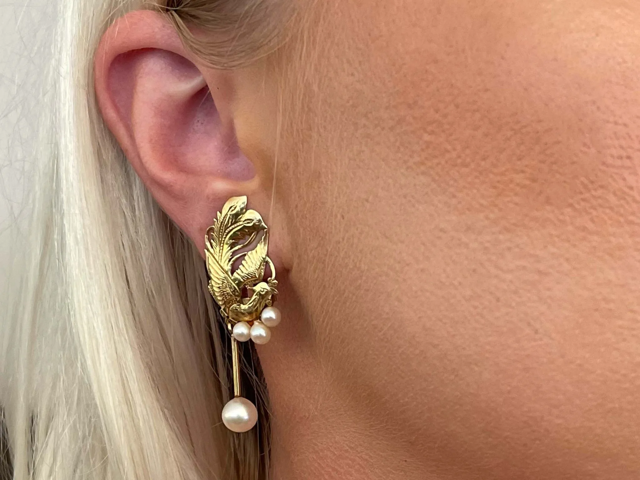 Mings Gold Carved Phoenix Clip On Earrings with Dangly Pearl in 14k