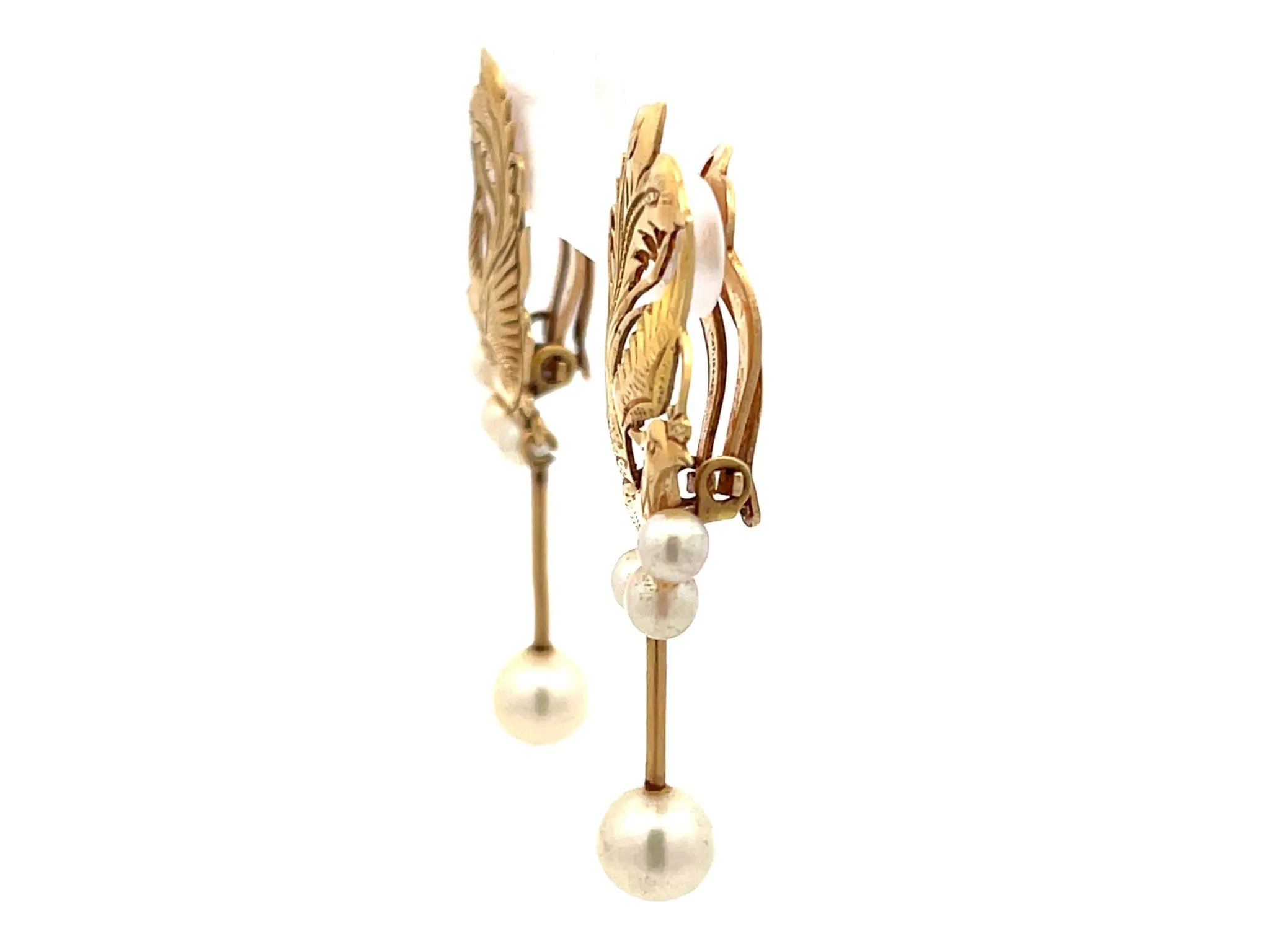 Mings Gold Carved Phoenix Clip On Earrings with Dangly Pearl in 14k