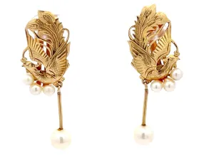 Mings Gold Carved Phoenix Clip On Earrings with Dangly Pearl in 14k