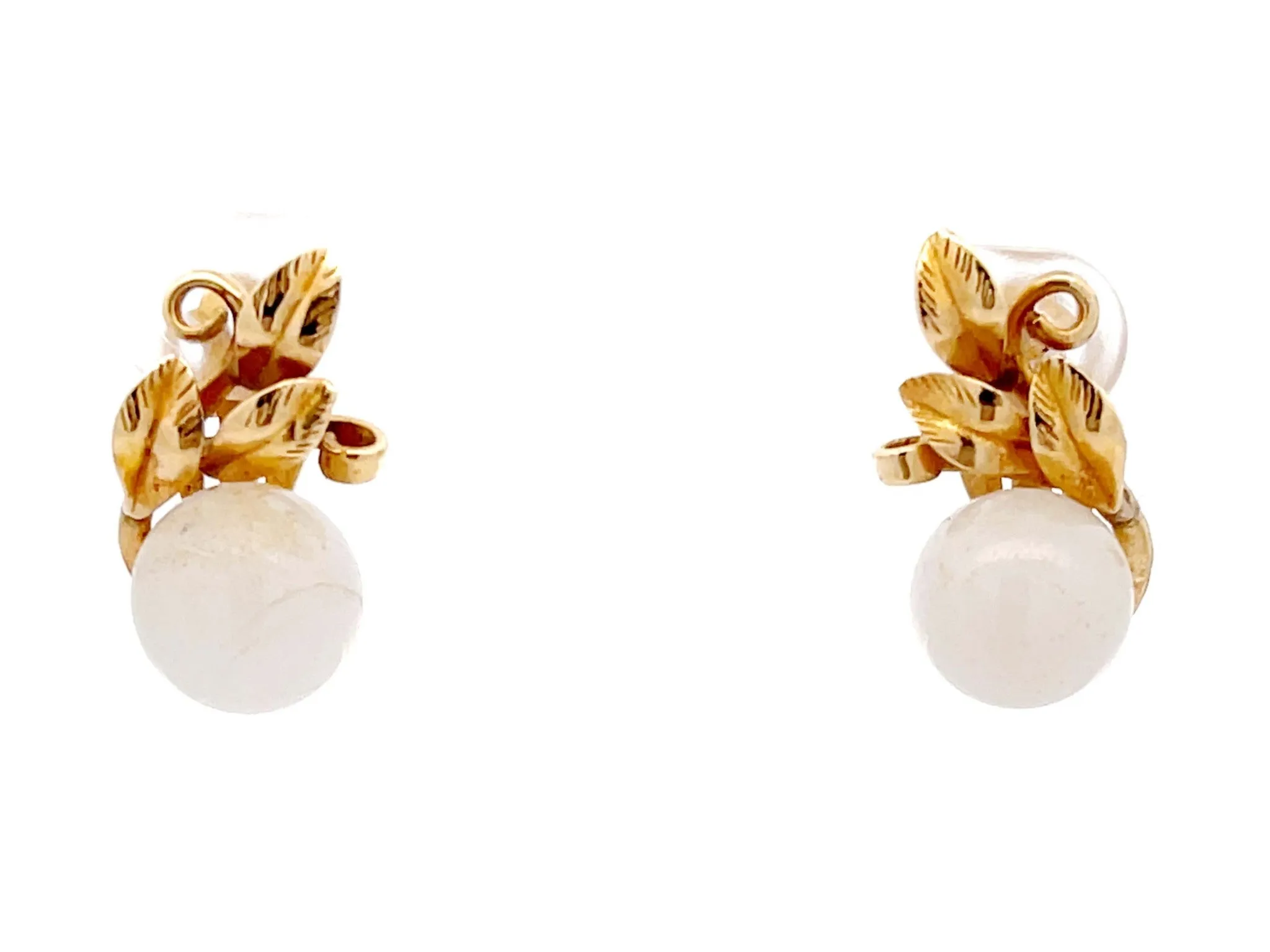 Mings White Jade Sphere and Leaves Clip On Earrings in 14K