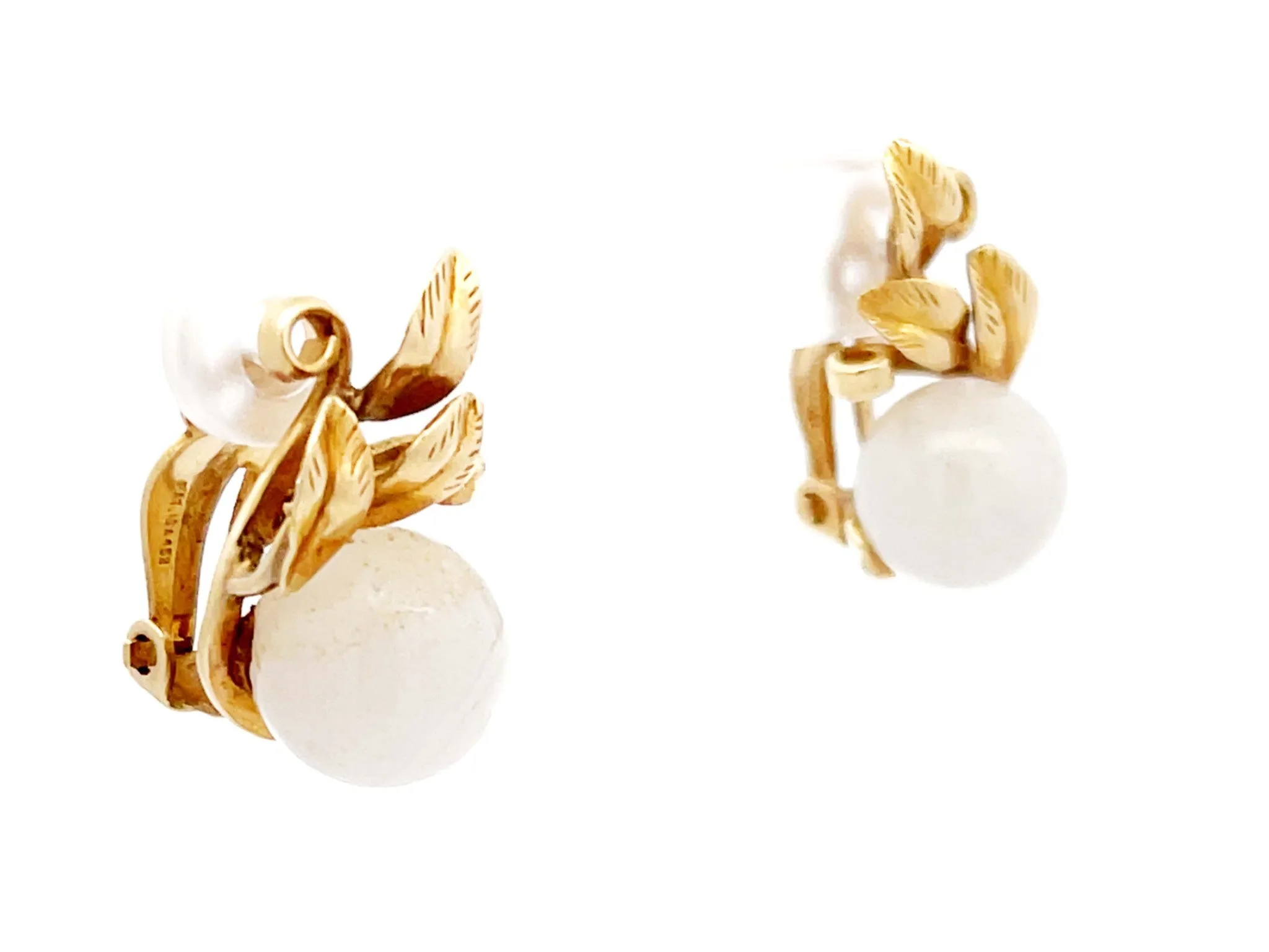 Mings White Jade Sphere and Leaves Clip On Earrings in 14K