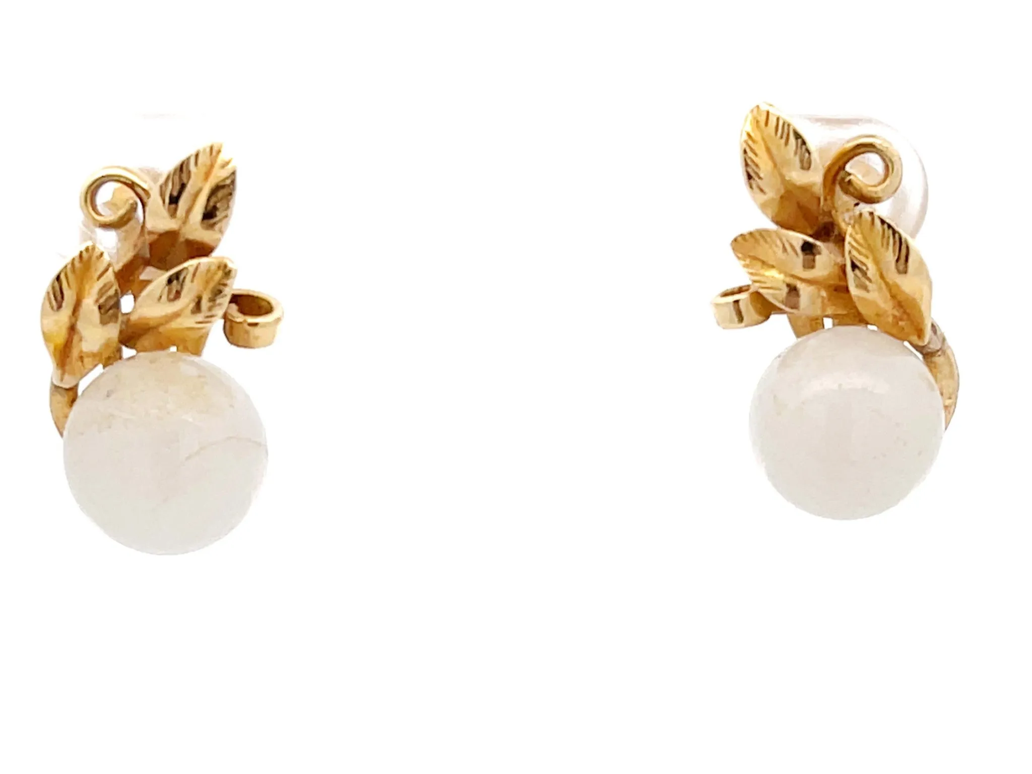 Mings White Jade Sphere and Leaves Clip On Earrings in 14K