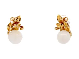 Mings White Jade Sphere and Leaves Clip On Earrings in 14K