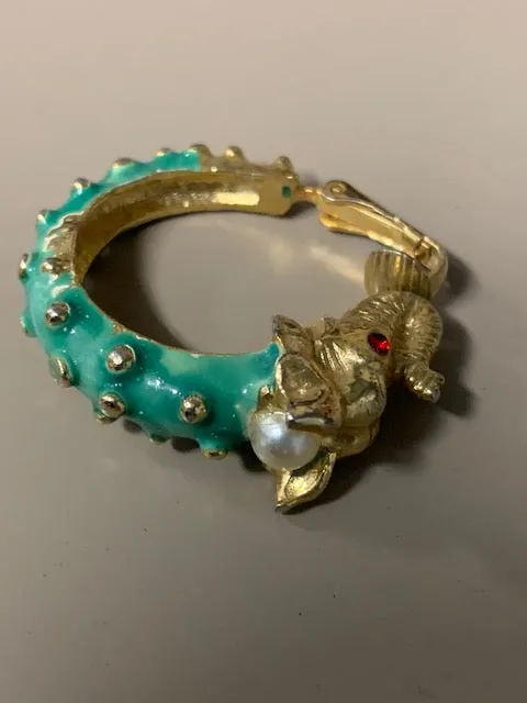 Mint Condition  Vintage Green and Costume Elephant Earrings and Red Rhinestones:  Hindu Wealth-ephants