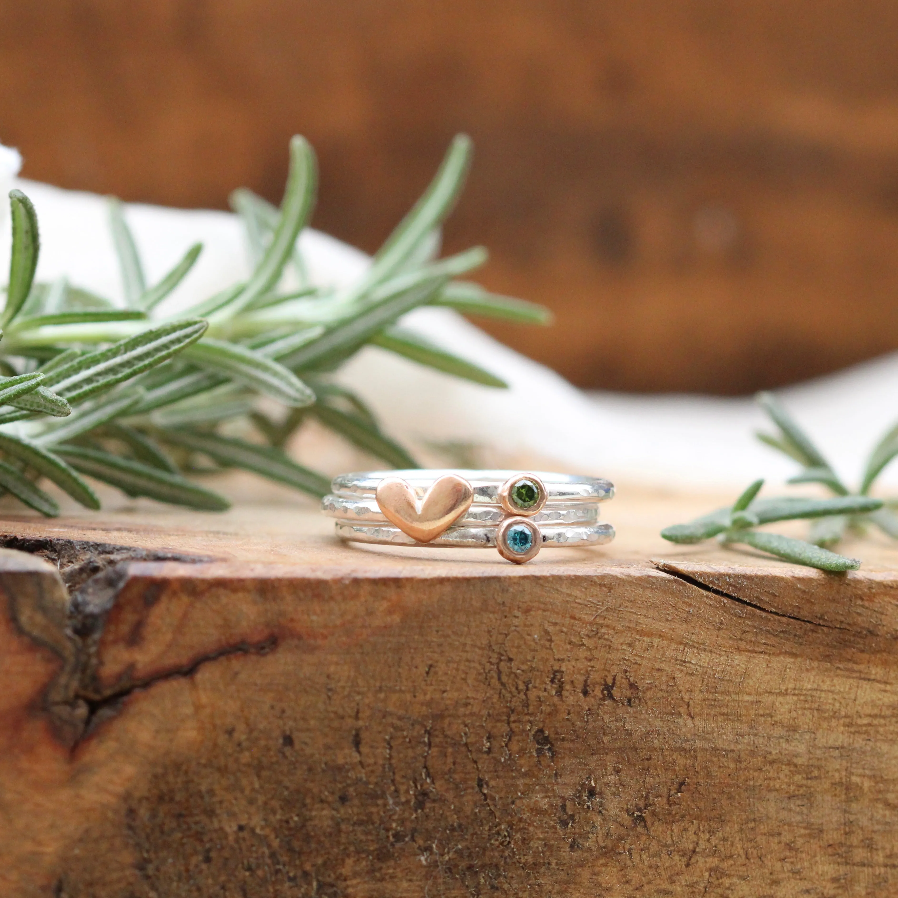 Mixed metal Color Diamond and 14k gold heart sterling silver stacking rings