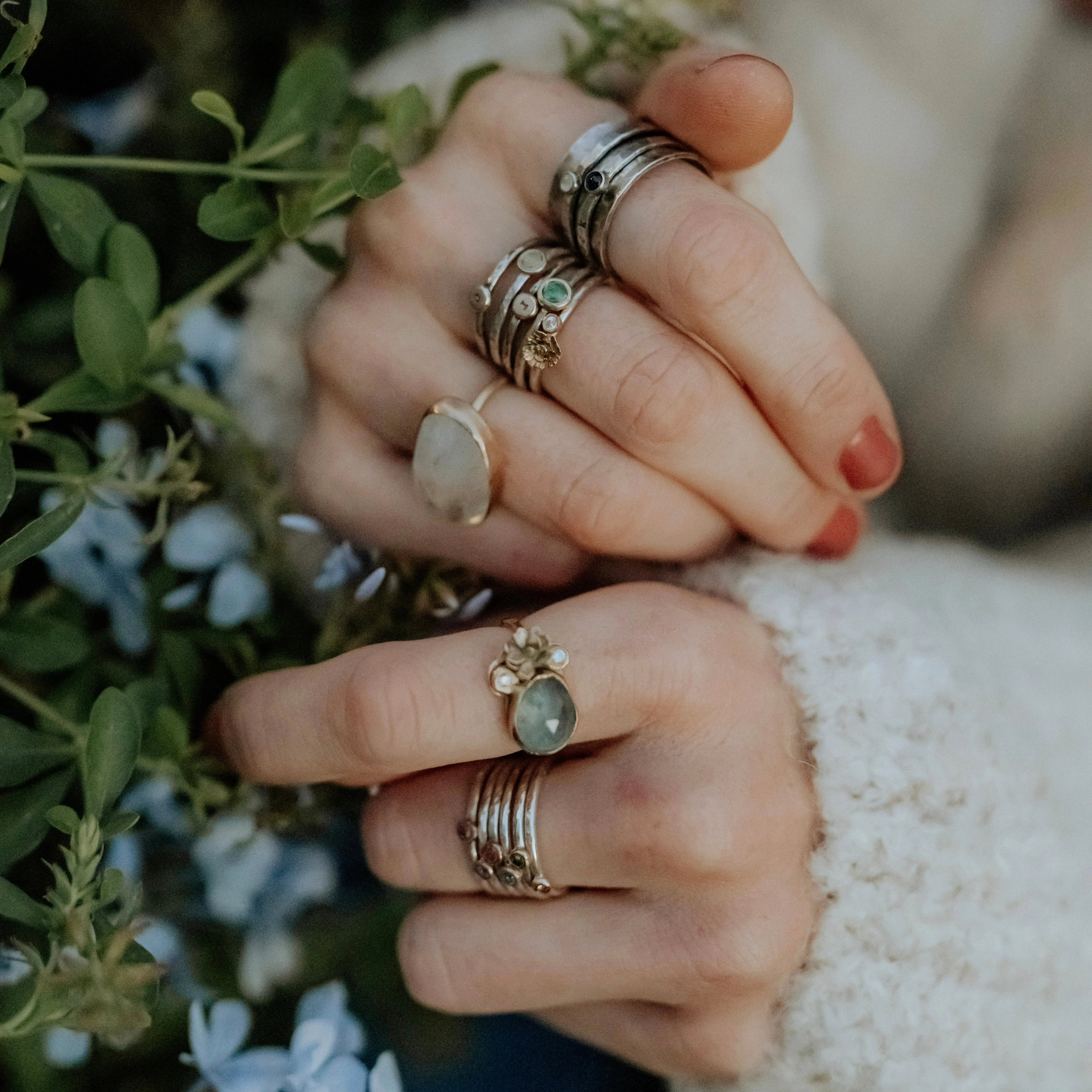 Mixed metal Color Diamond and 14k gold heart sterling silver stacking rings